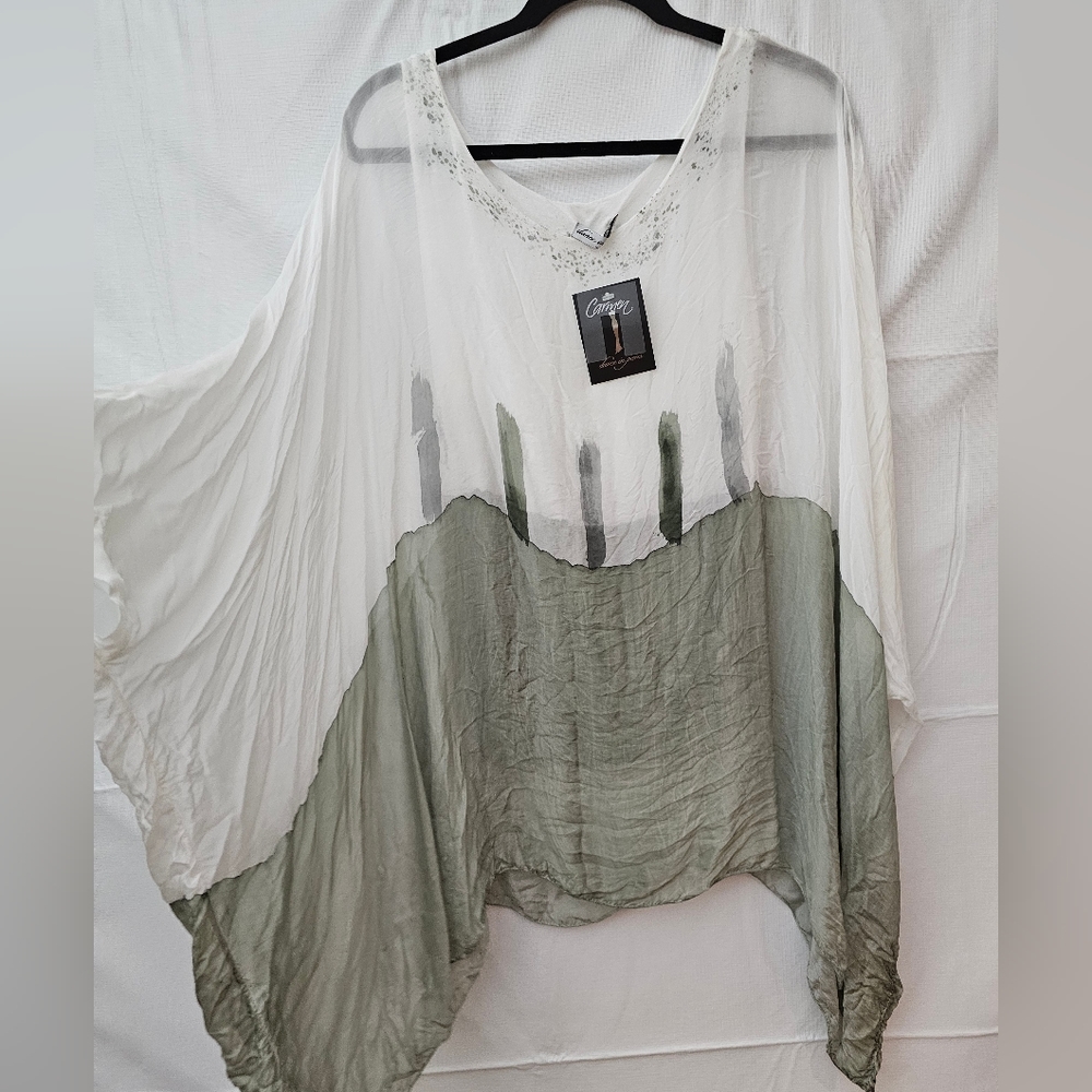 White & Olive Green Flowing V-Neck Blouse